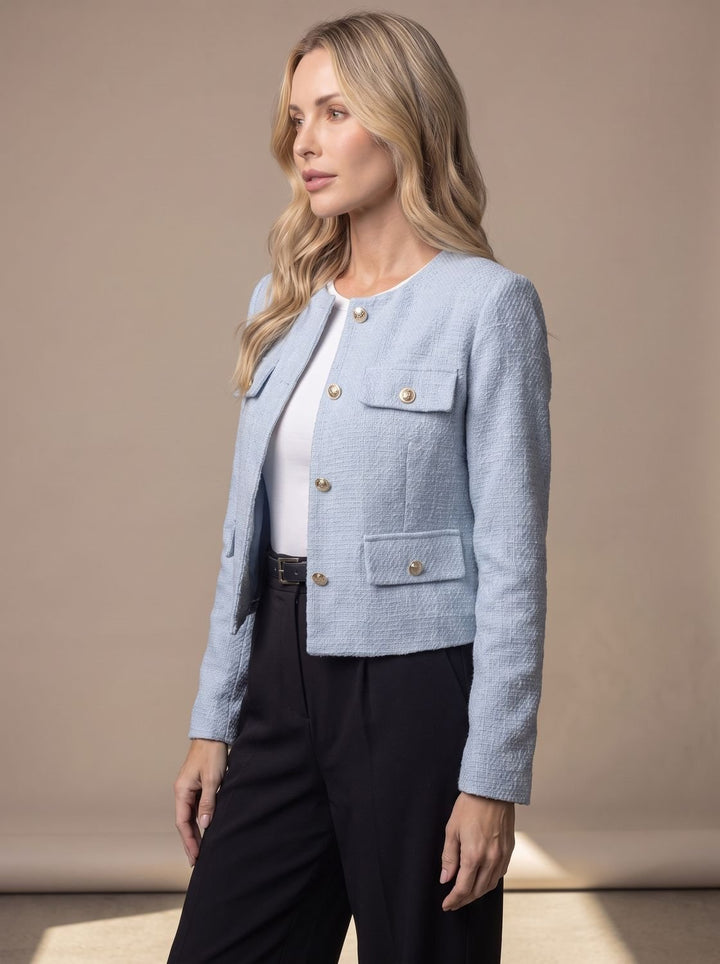 Women's Cropped Collarless Tweed Blazer Gold Button Flap Pockets