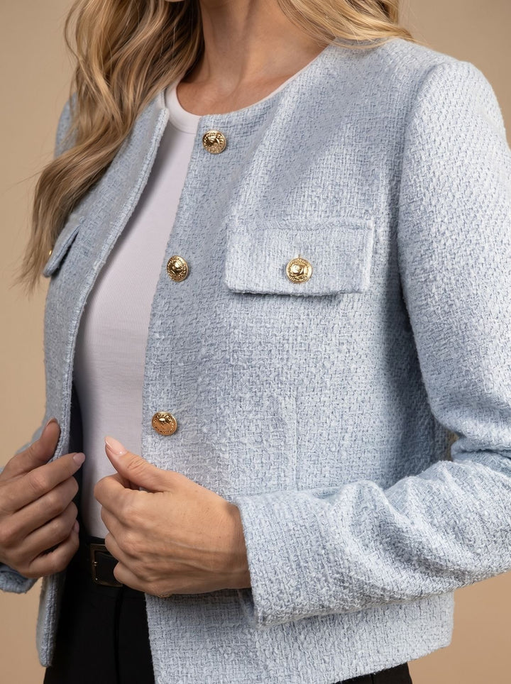 Women's Cropped Collarless Tweed Blazer Gold Button Flap Pockets