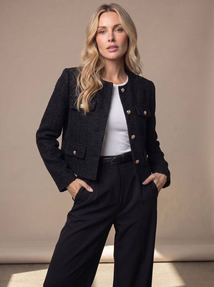 Women's Cropped Collarless Tweed Blazer Gold Button Flap Pockets - Black