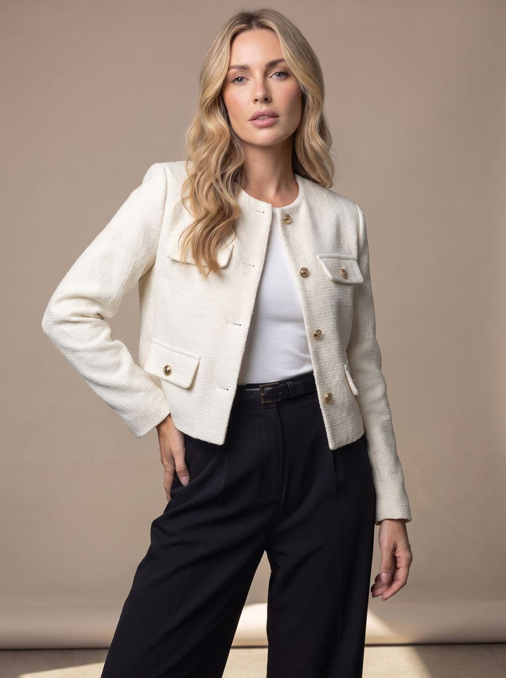 Women's Cropped Collarless Tweed Blazer Gold Button Flap Pockets - White