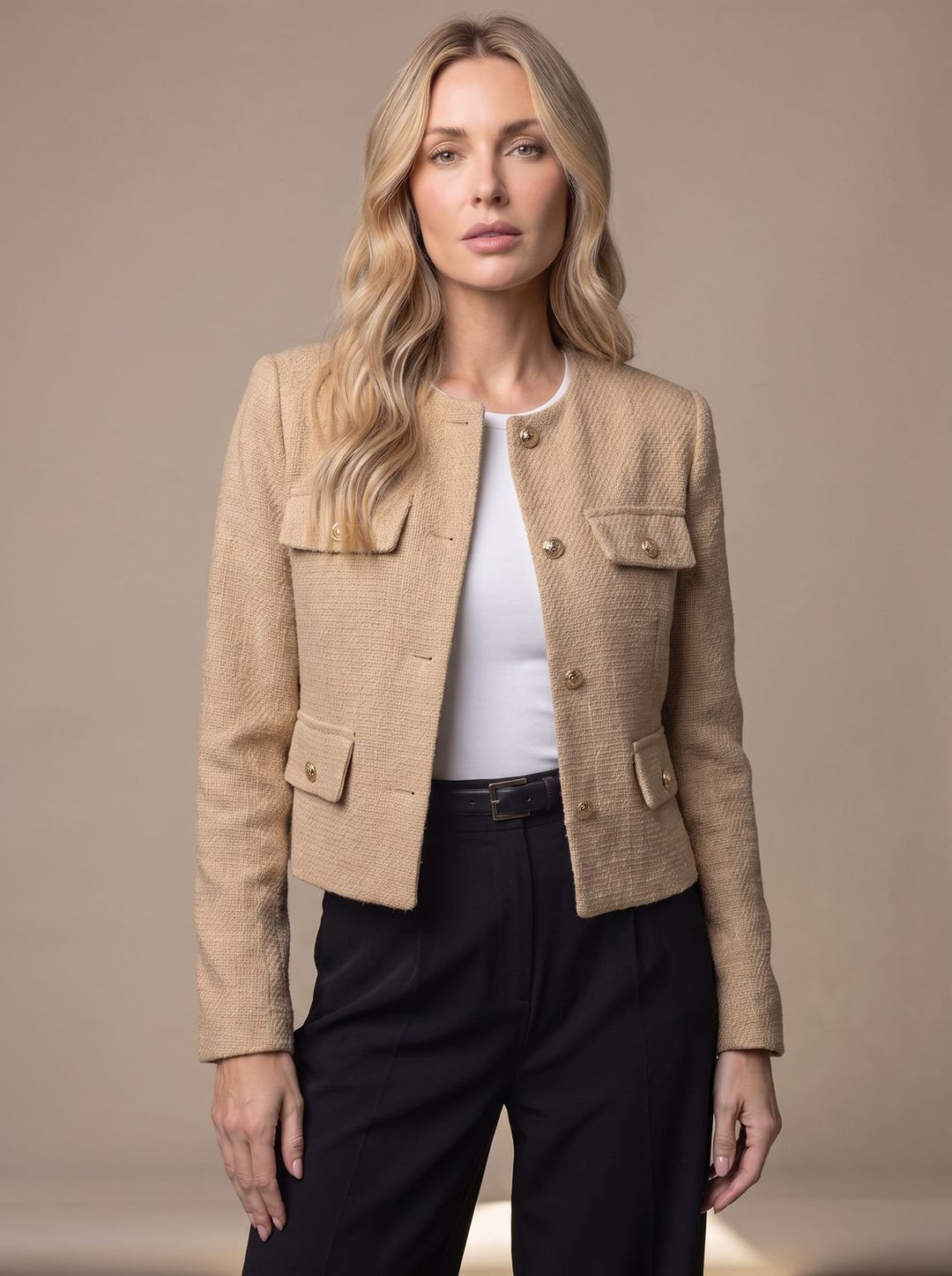 Women's Cropped Collarless Tweed Blazer Gold Button Flap Pockets - Khaki