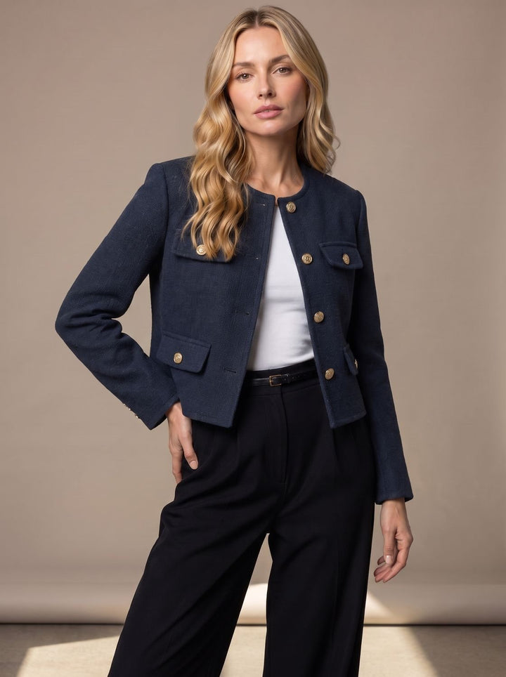 Women's Cropped Collarless Tweed Blazer Gold Button Flap Pockets - Navy Blue