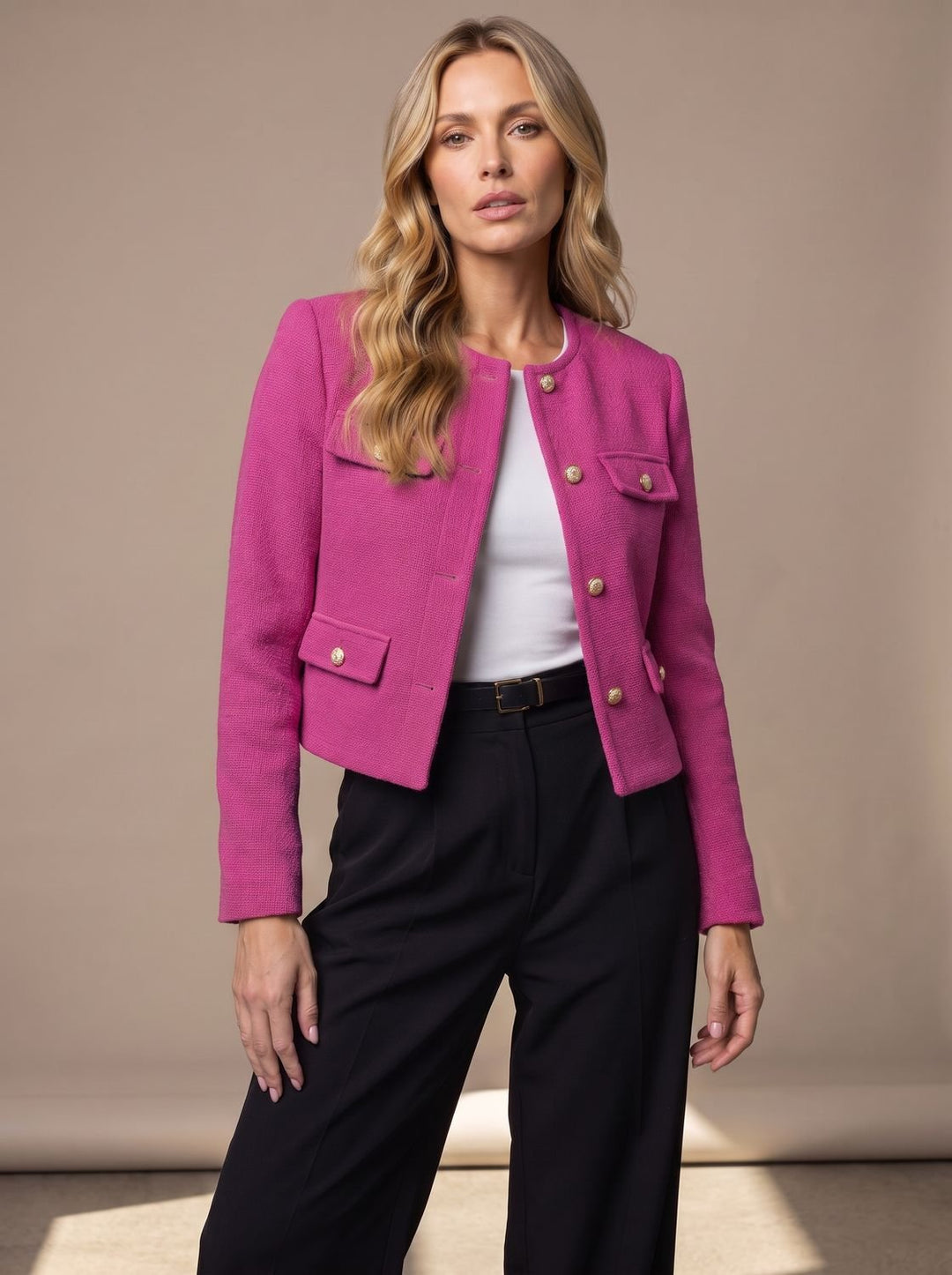 Women's Cropped Collarless Tweed Blazer Gold Button Flap Pockets - Pink