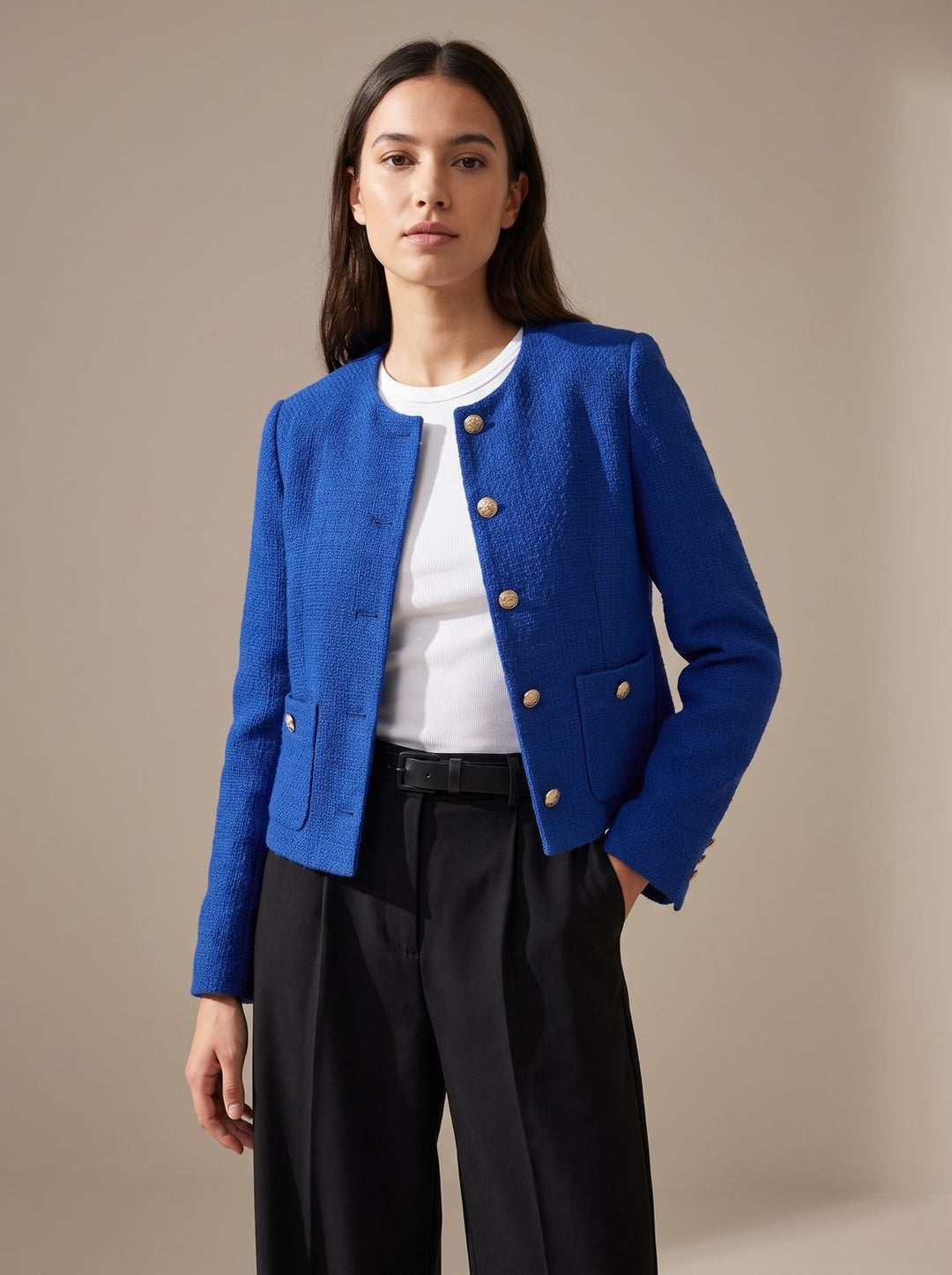 Women's Cropped Collarless Tweed Blazer Gold Button Flap Pockets - Blue