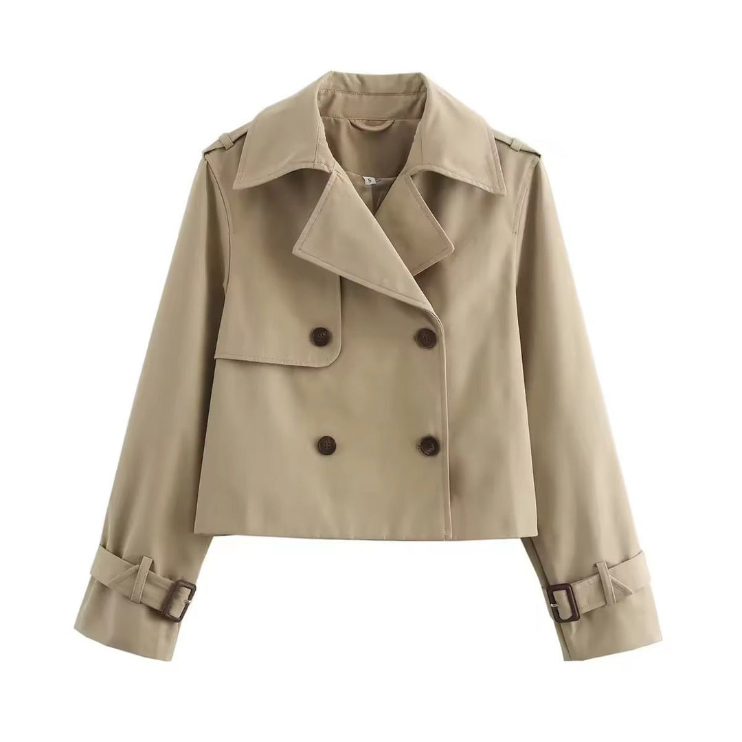 Women's Cropped Double-Breasted Trench Coat Buckle-Cuff Jacket - Beige