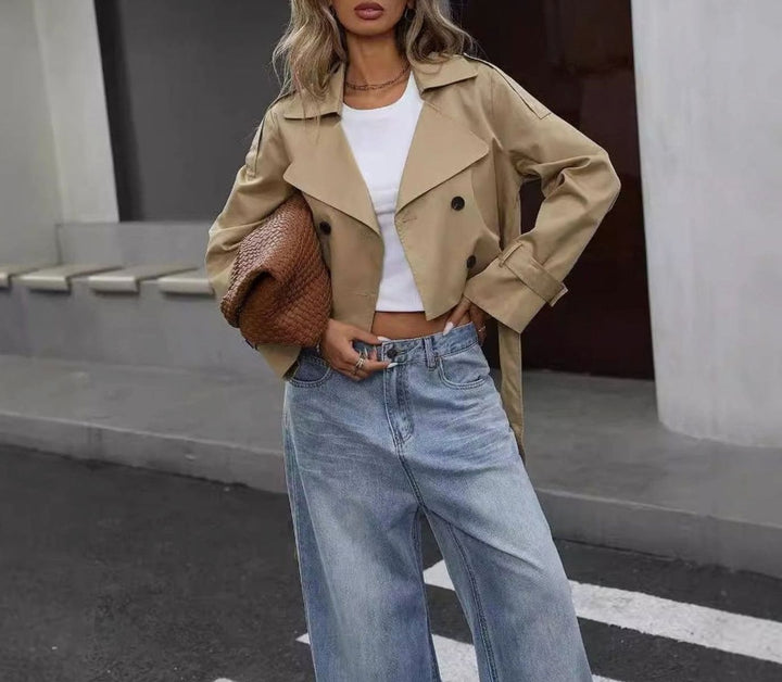 Women's Cropped Double-Breasted Trench Jacket - Khaki