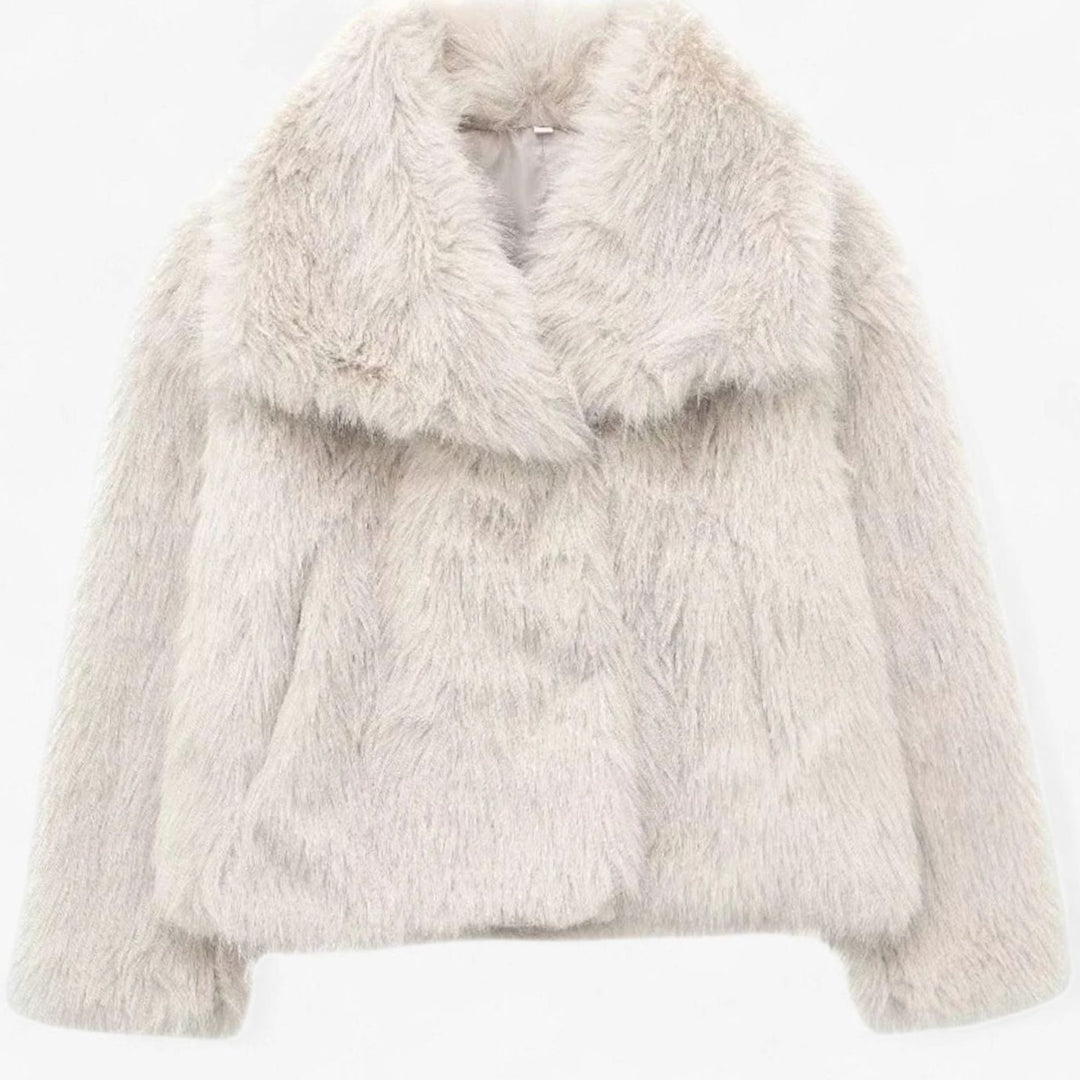 Women's Cropped Faux Fur Oversized-Collar Warm Jacket - Beige