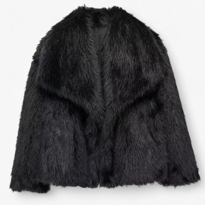 Women's Cropped Faux Fur Oversized-Collar Warm Jacket - Black