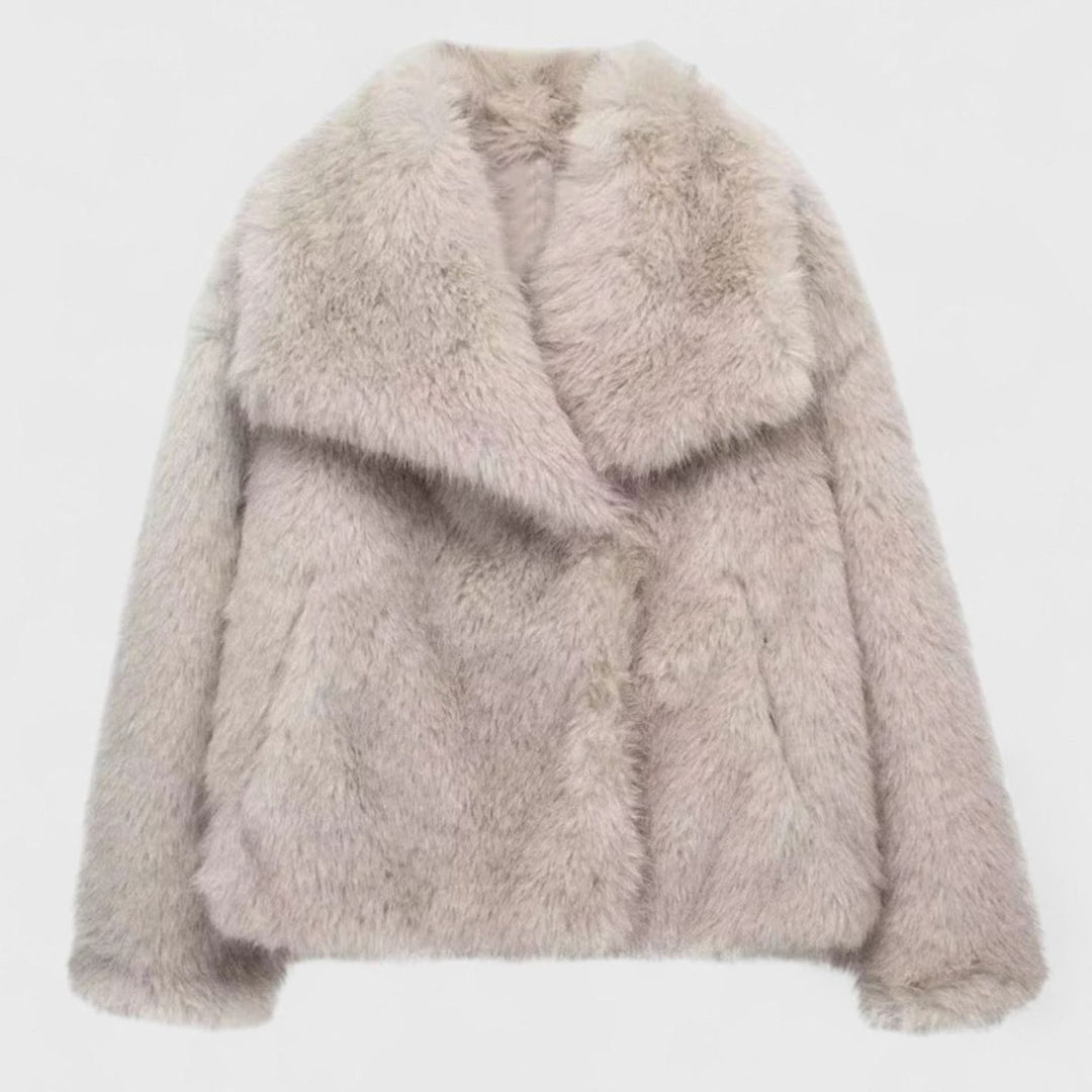 Women's Cropped Faux Fur Oversized-Collar Warm Jacket - Grey