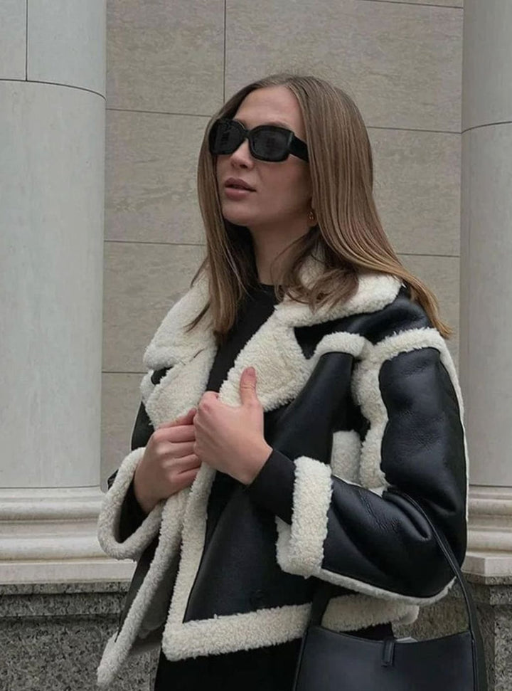 Women's Cropped Faux Leather Shearling Jacket Lapel Collar