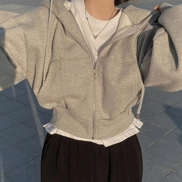 Women's Cropped Fleece Zip-Up Hoodie Drawstring Kangaroo Pocket - Light Grey
