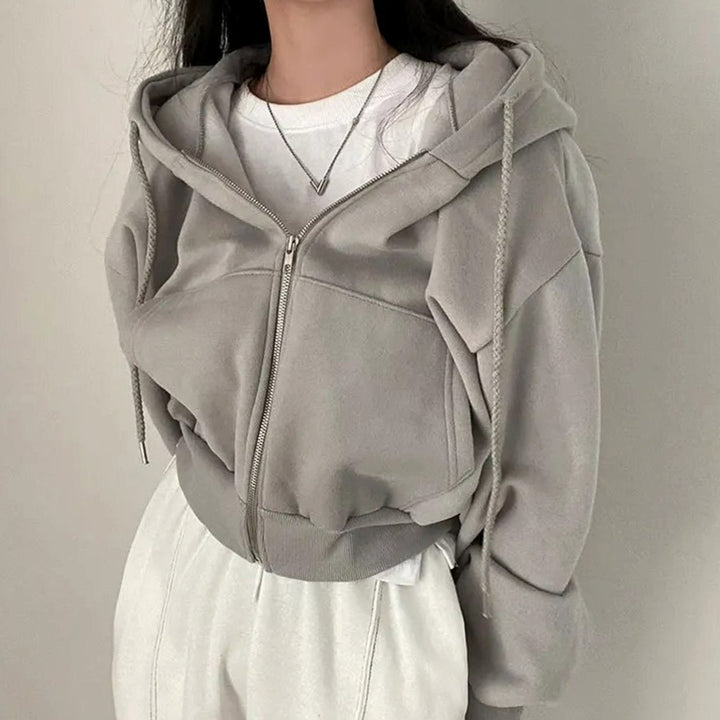 Women's Cropped Fleece Zip-Up Hoodie Drawstring Kangaroo Pocket - Grey