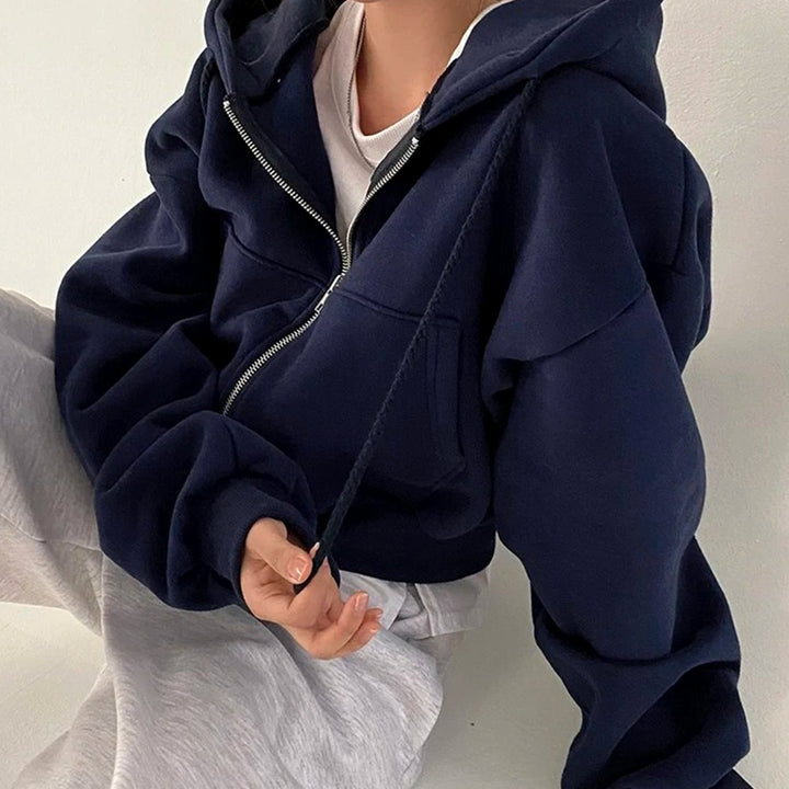 Women's Cropped Fleece Zip-Up Hoodie Drawstring Kangaroo Pocket - Blue