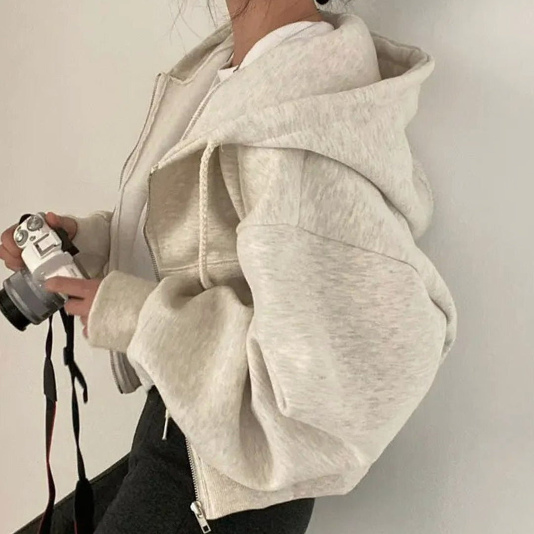 Women's Cropped Fleece Zip-Up Hoodie Drawstring Kangaroo Pocket - Beige