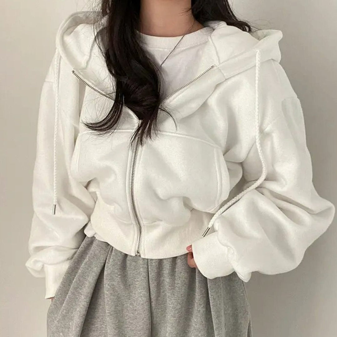 Women's Cropped Fleece Zip-Up Hoodie Drawstring Kangaroo Pocket - White