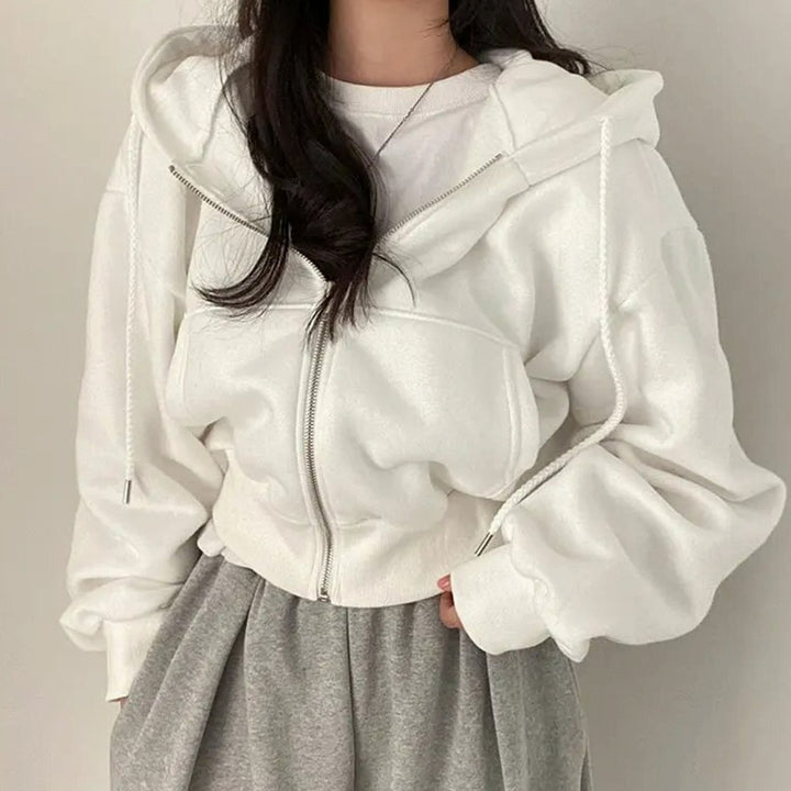 Women's Cropped Fleece Zip-Up Hoodie Drawstring Kangaroo Pocket - White