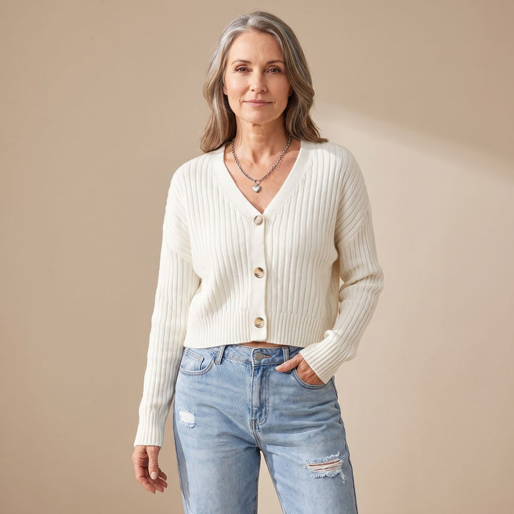 Women's Cropped Ribbed Knit V-Neck Button-Front Cardigan - White
