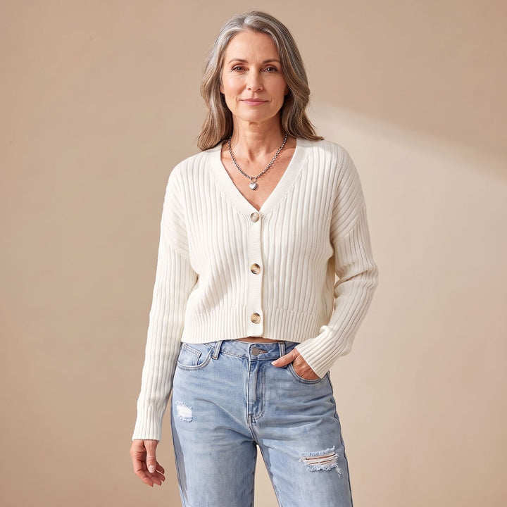 Women's Cropped Ribbed Knit V-Neck Button-Front Cardigan