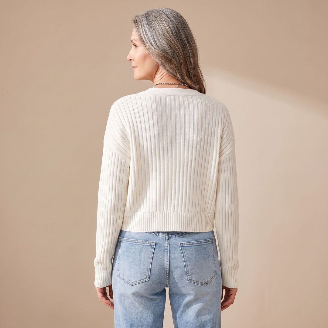 Women's Cropped Ribbed Knit V-Neck Button-Front Cardigan