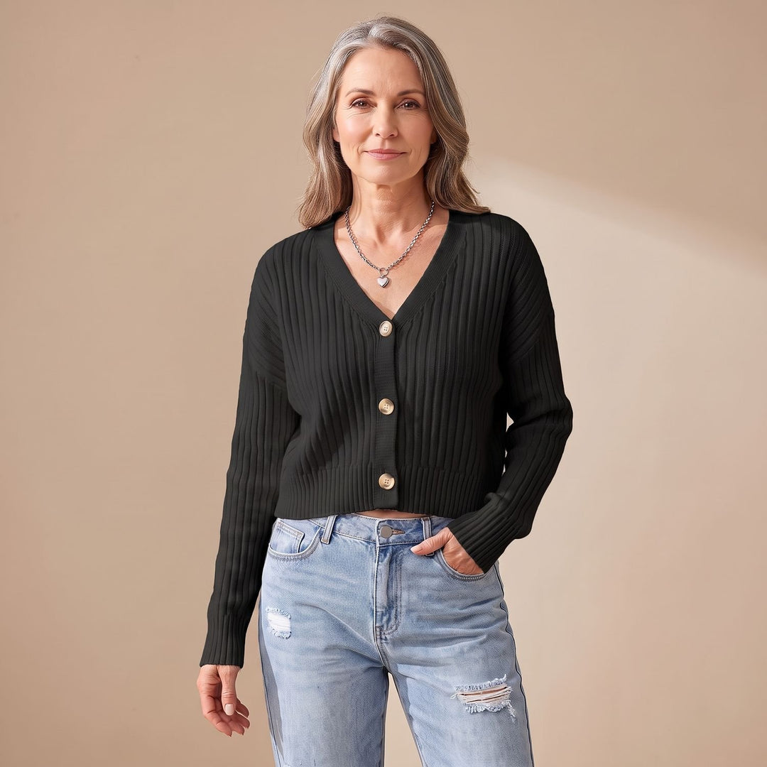 Women's Cropped Ribbed Knit V-Neck Button-Front Cardigan