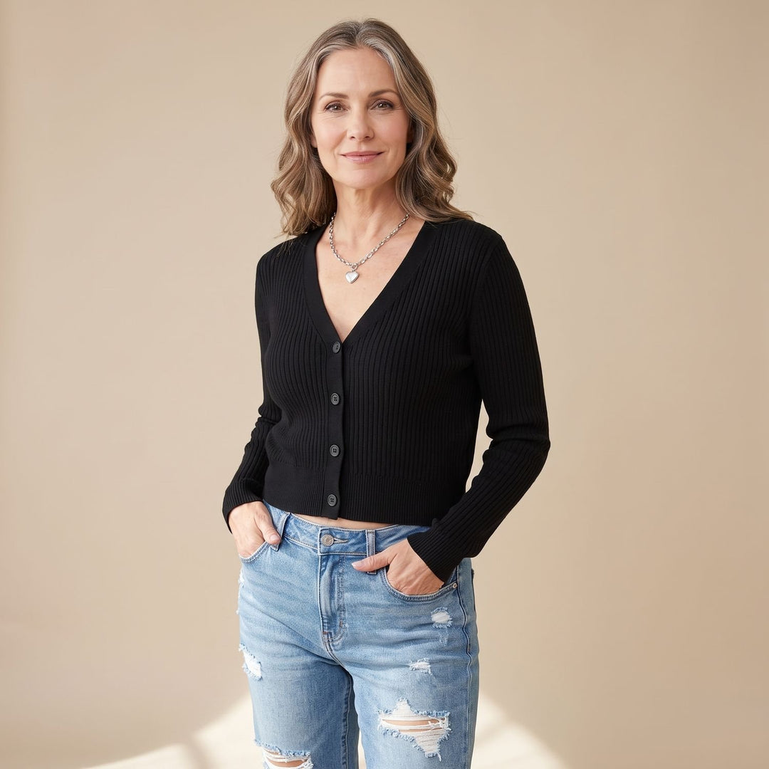 Women's Cropped Ribbed Knit V-Neck Button-Front Cardigan