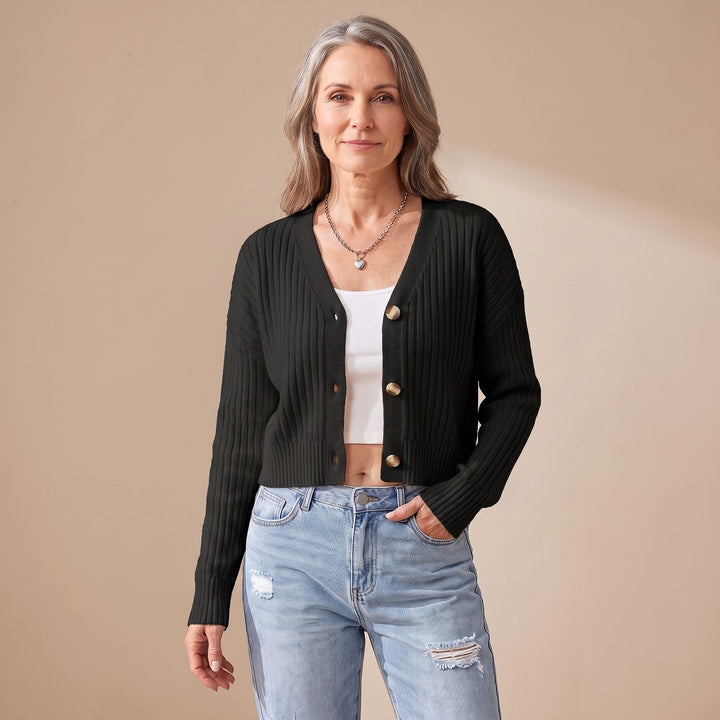 Women's Cropped Ribbed Knit V-Neck Button-Front Cardigan - Black