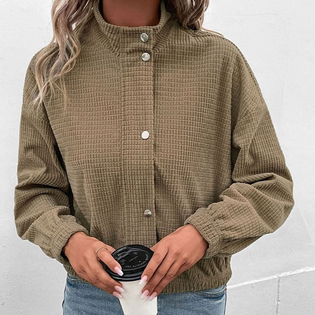 Women's Cropped Waffle-Knit Button-Front Mock-Neck Jacket
