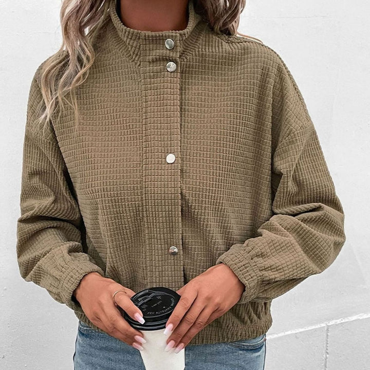 Women's Cropped Waffle-Knit Button-Front Mock-Neck Jacket