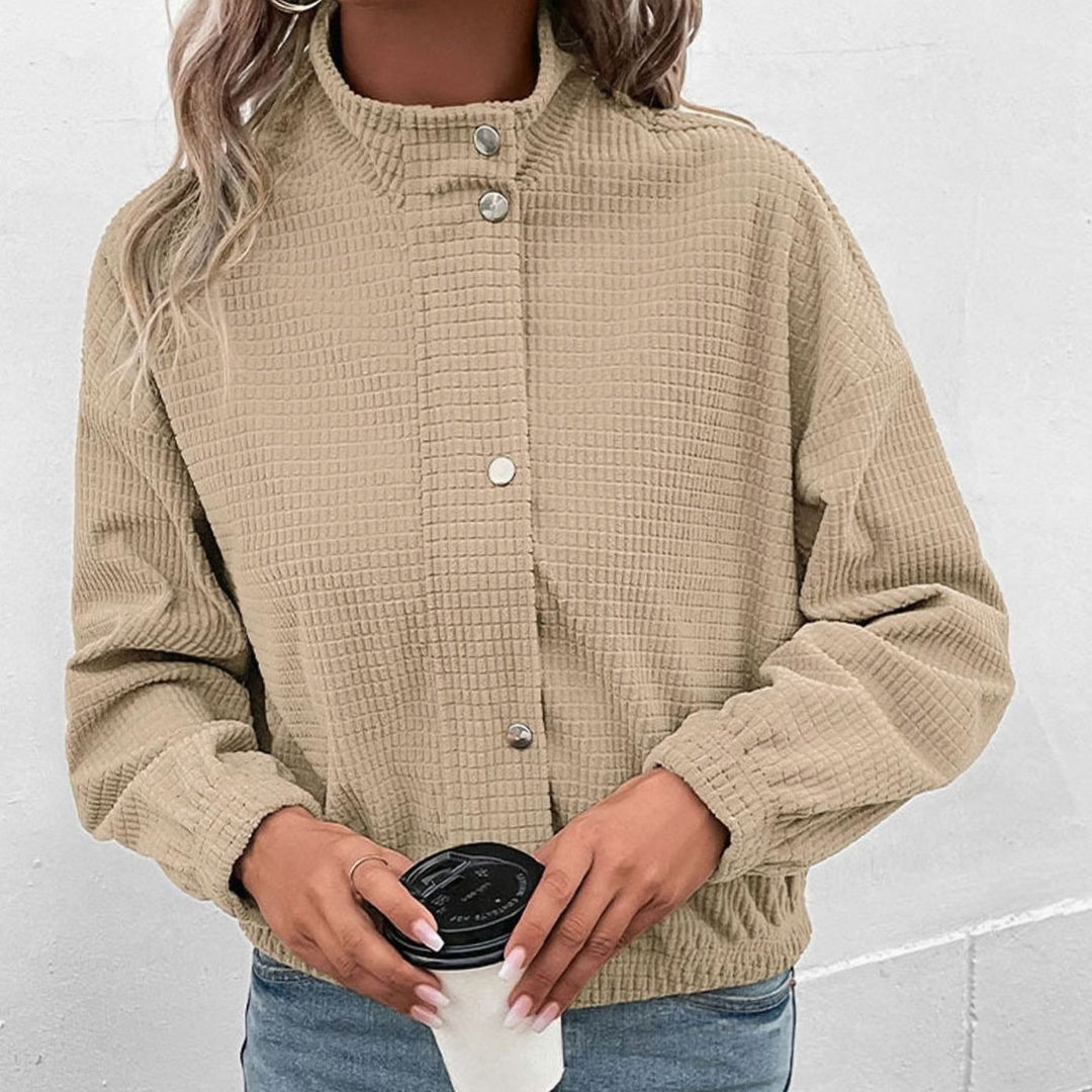Women's Cropped Waffle-Knit Button-Front Mock-Neck Jacket