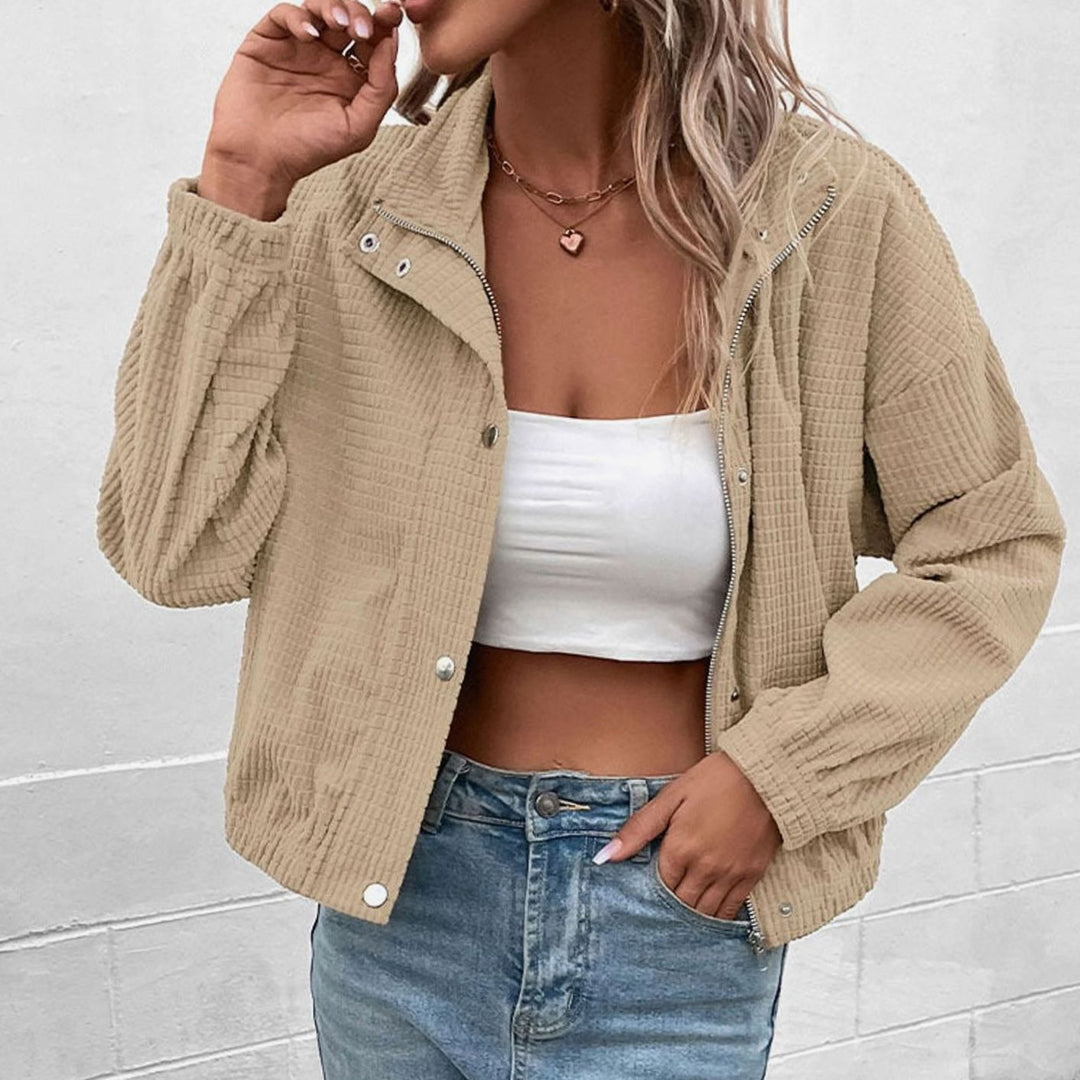 Women's Cropped Waffle-Knit Button-Front Mock-Neck Jacket