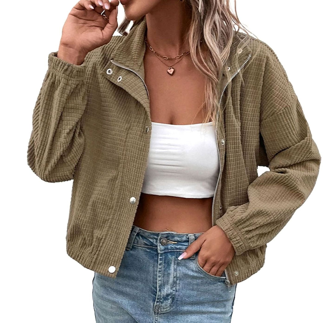 Women's Cropped Waffle-Knit Button-Front Mock-Neck Jacket