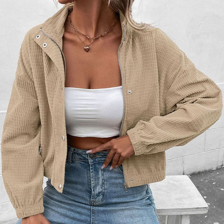 Women's Cropped Waffle-Knit Button-Front Mock-Neck Jacket - Apricot