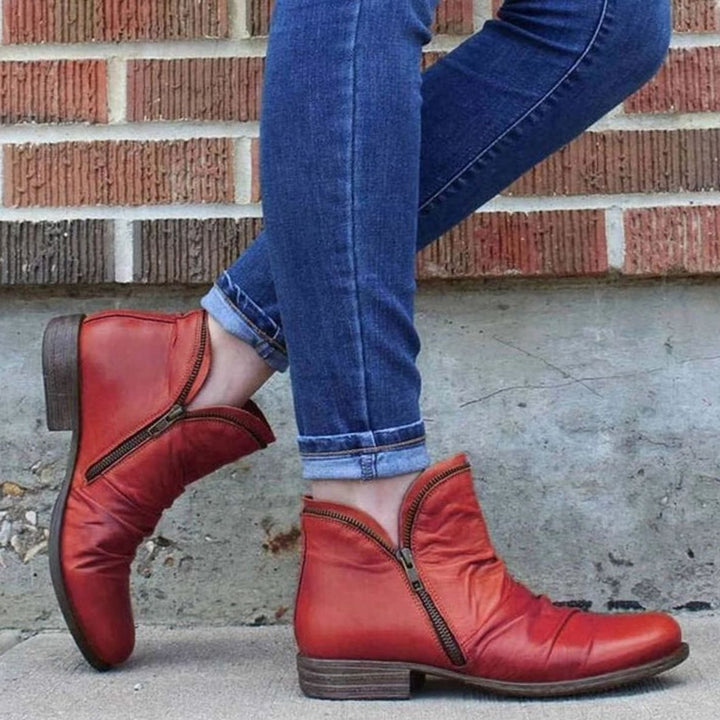 Women's Cushioned Side-Zipper Low-Heel Ankle Boots - Red