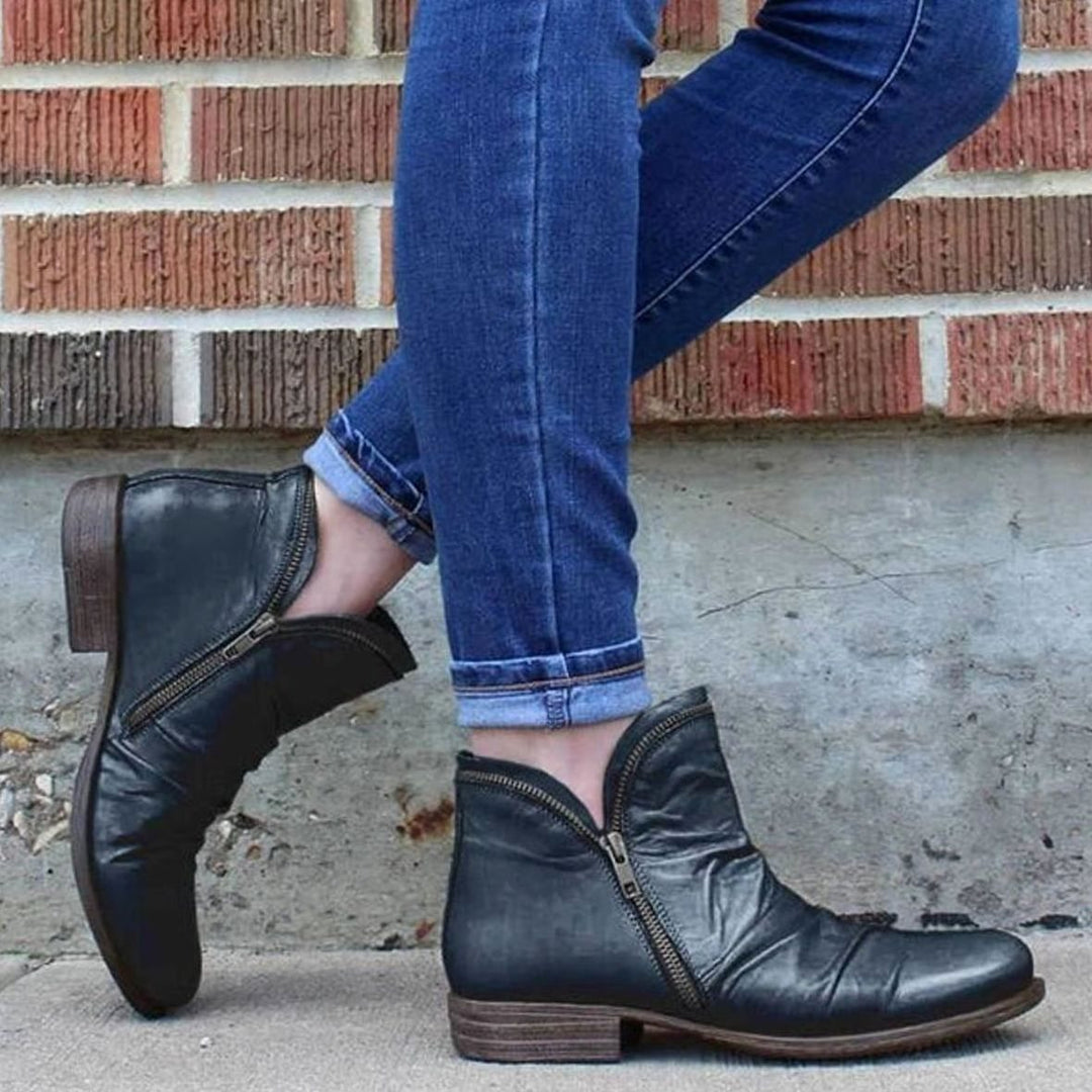 Women's Cushioned Side-Zipper Low-Heel Ankle Boots - Black