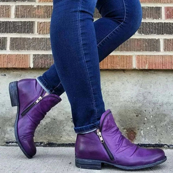 Women's Cushioned Side-Zipper Low-Heel Ankle Boots - Purple