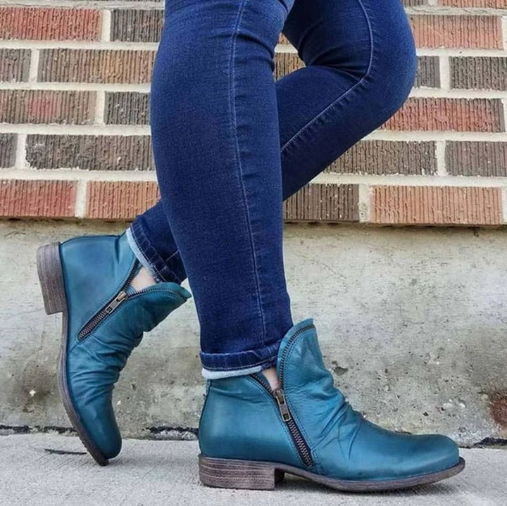 Women's Cushioned Side-Zipper Low-Heel Ankle Boots - Blue