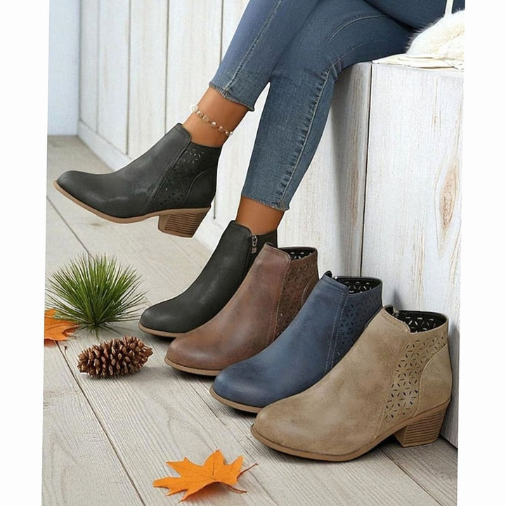 Women's Cutout Low-Heel Ankle Boots Side Zip Booties