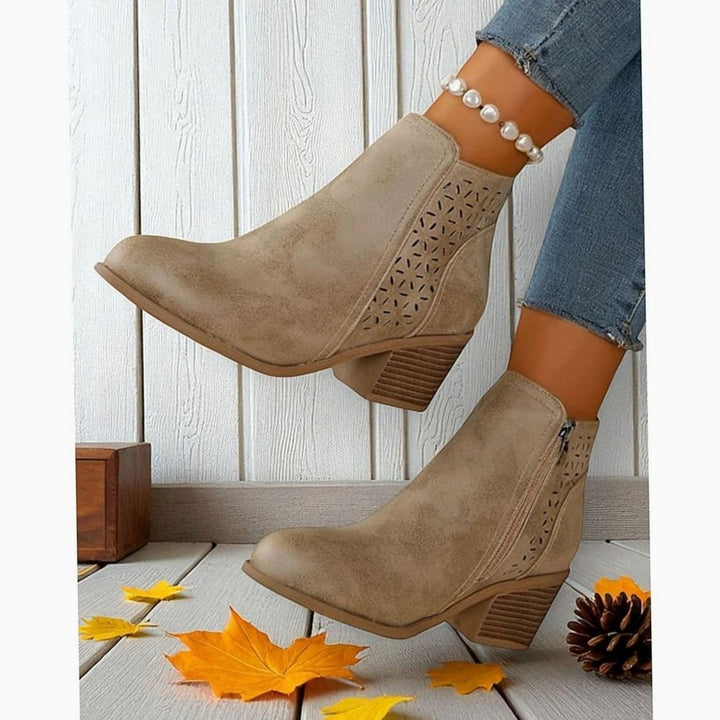Women's Cutout Low-Heel Ankle Boots Side Zip Booties