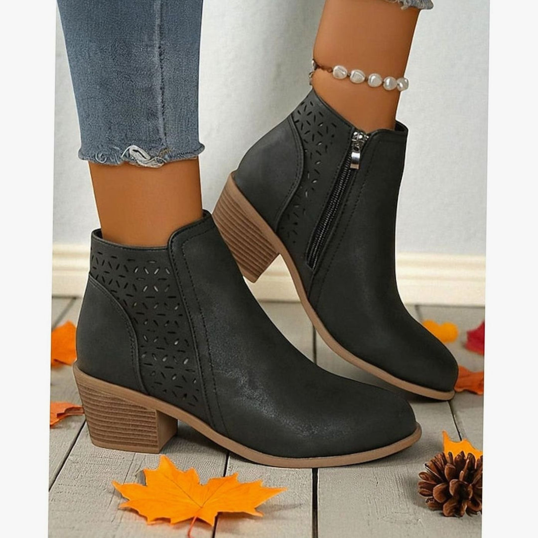 Women's Cutout Low-Heel Ankle Boots Side Zip Booties