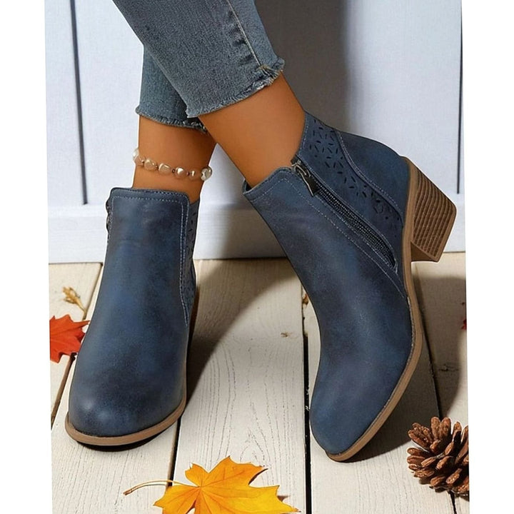Women's Cutout Low-Heel Ankle Boots Side Zip Booties