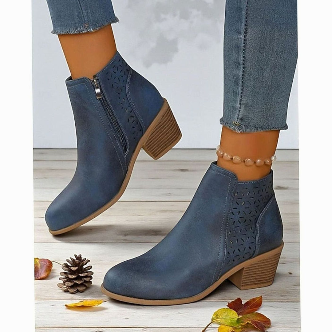 Women's Cutout Low-Heel Ankle Boots Side Zip Booties - Blue