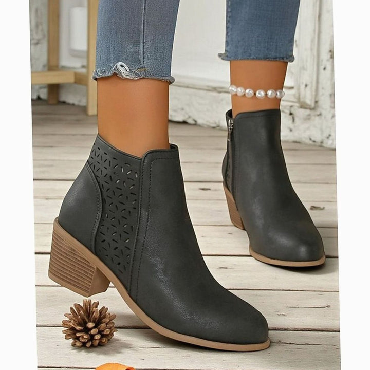 Women's Cutout Low-Heel Ankle Boots Side Zip Booties - Black