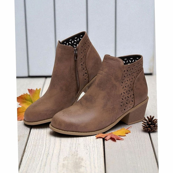 Women's Cutout Low-Heel Ankle Boots Side Zip Booties - Brown