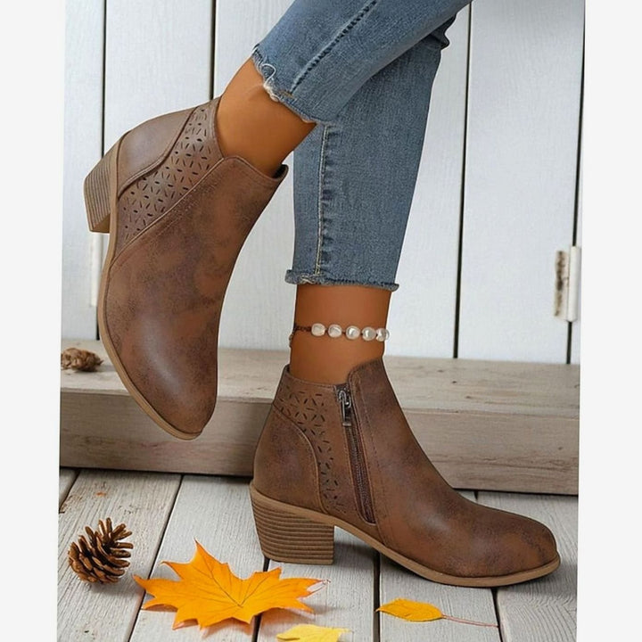 Women's Cutout Low-Heel Ankle Boots Side Zip Booties