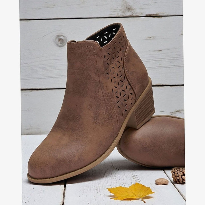 Women's Cutout Low-Heel Ankle Boots Side Zip Booties