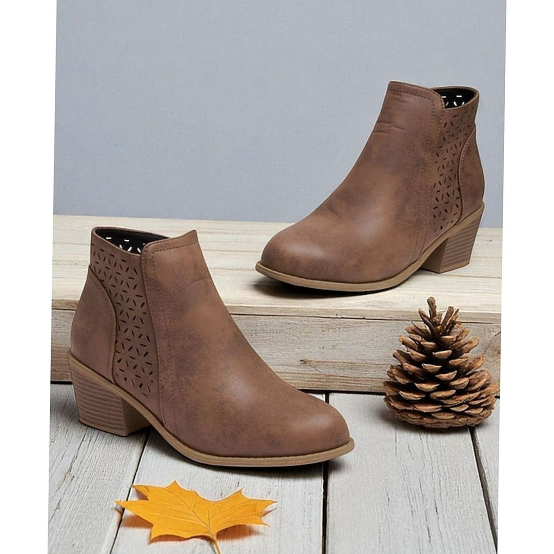 Women's Cutout Low-Heel Ankle Boots Side Zip Booties