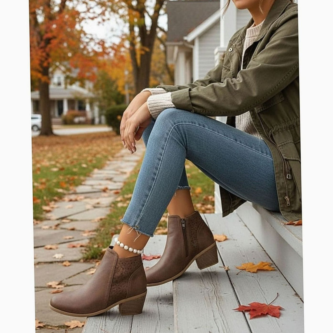 Women's Cutout Low-Heel Ankle Boots Side Zip Booties
