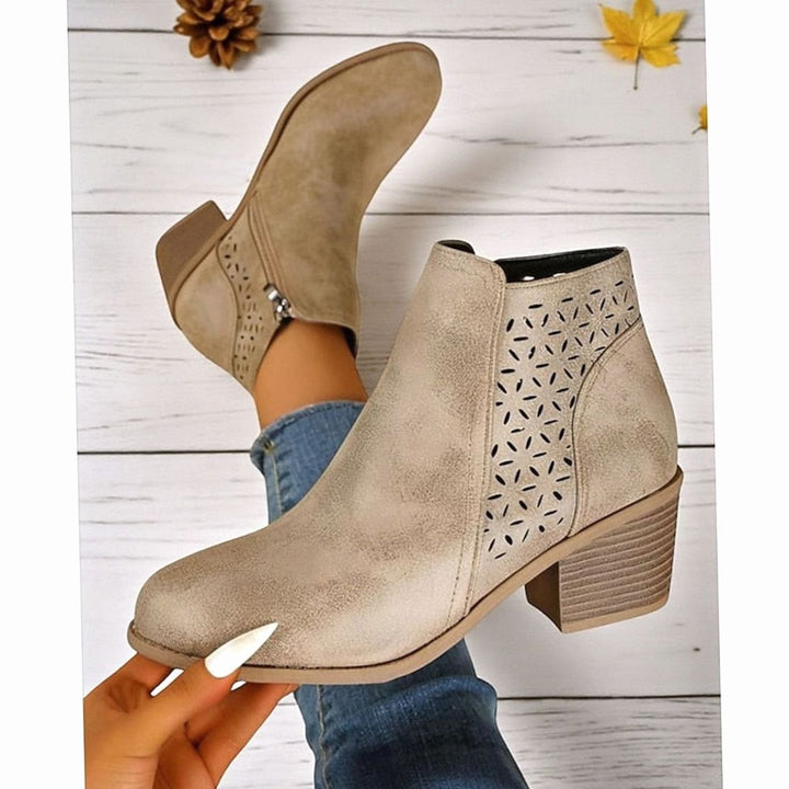 Women's Cutout Low-Heel Ankle Boots Side Zip Booties - Khaki
