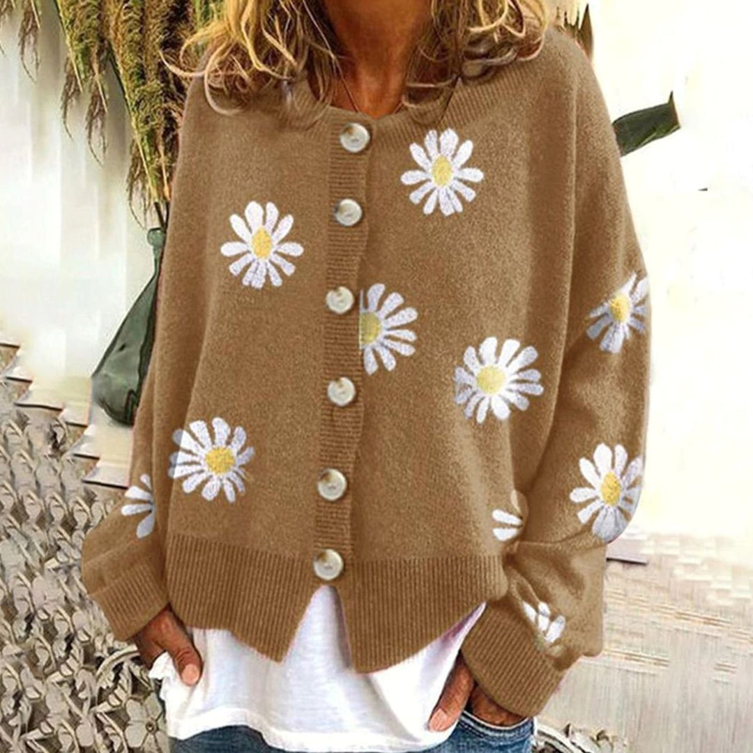 Women's Daisy Floral Button-Up Relaxed Fit Winter Cardigan Sweater - Khaki