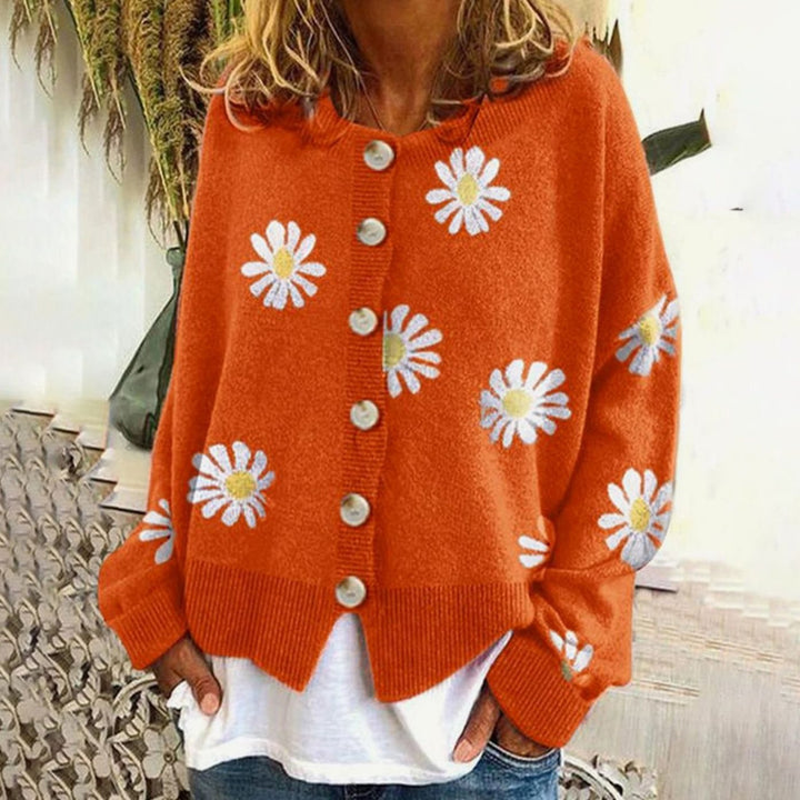 Women's Daisy Floral Button-Up Relaxed Fit Winter Cardigan Sweater - Orange